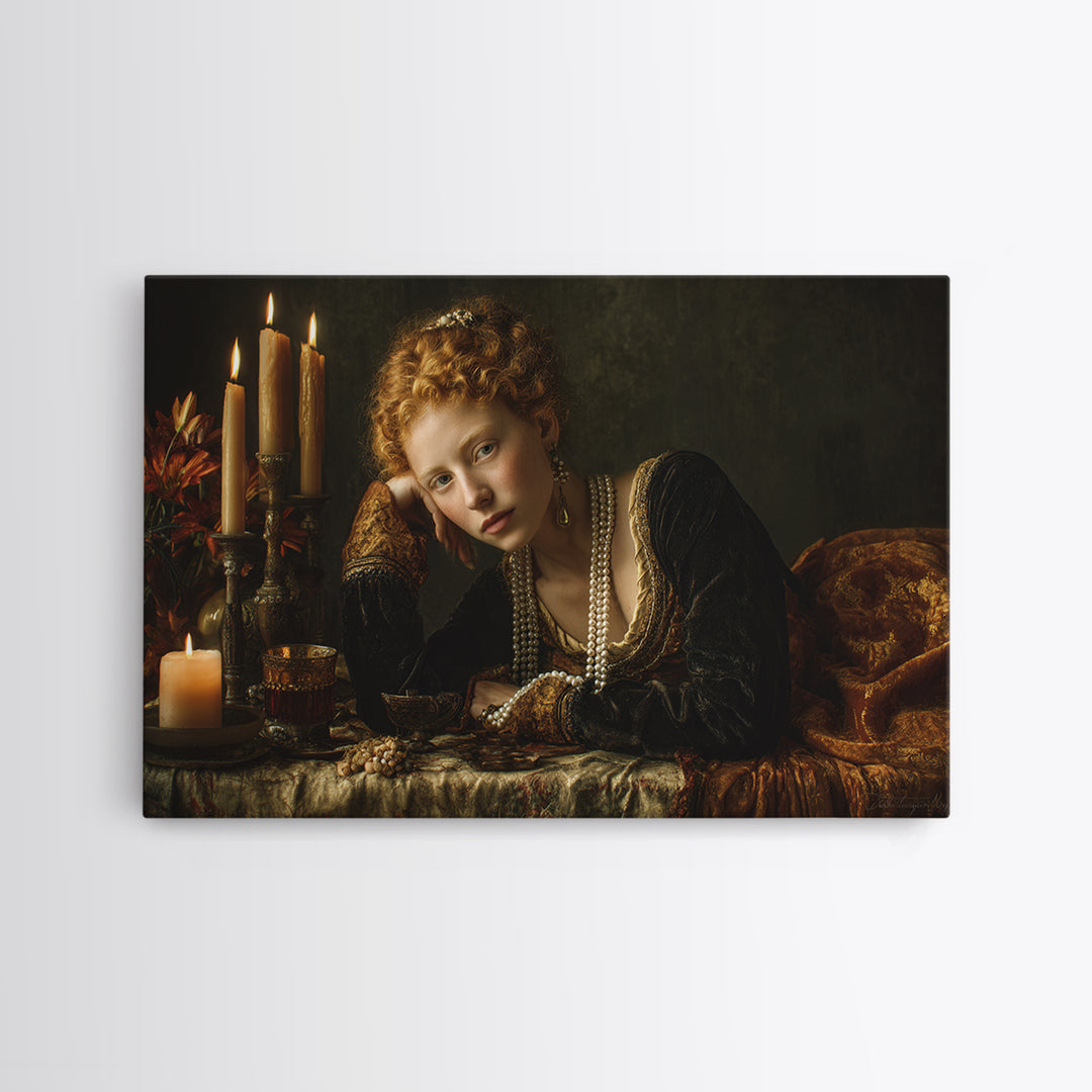 Portrait with Pearl Necklace and Velvet Dress Canvas Print, Renaissanceinspired Art, Cat Art, Living Room Decor, Classic, REN-3x2-64