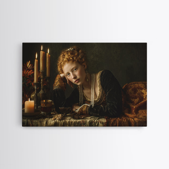 Portrait with Pearl Necklace and Velvet Dress Canvas Print, Renaissanceinspired Art, Cat Art, Living Room Decor, Classic, REN-3x2-64
