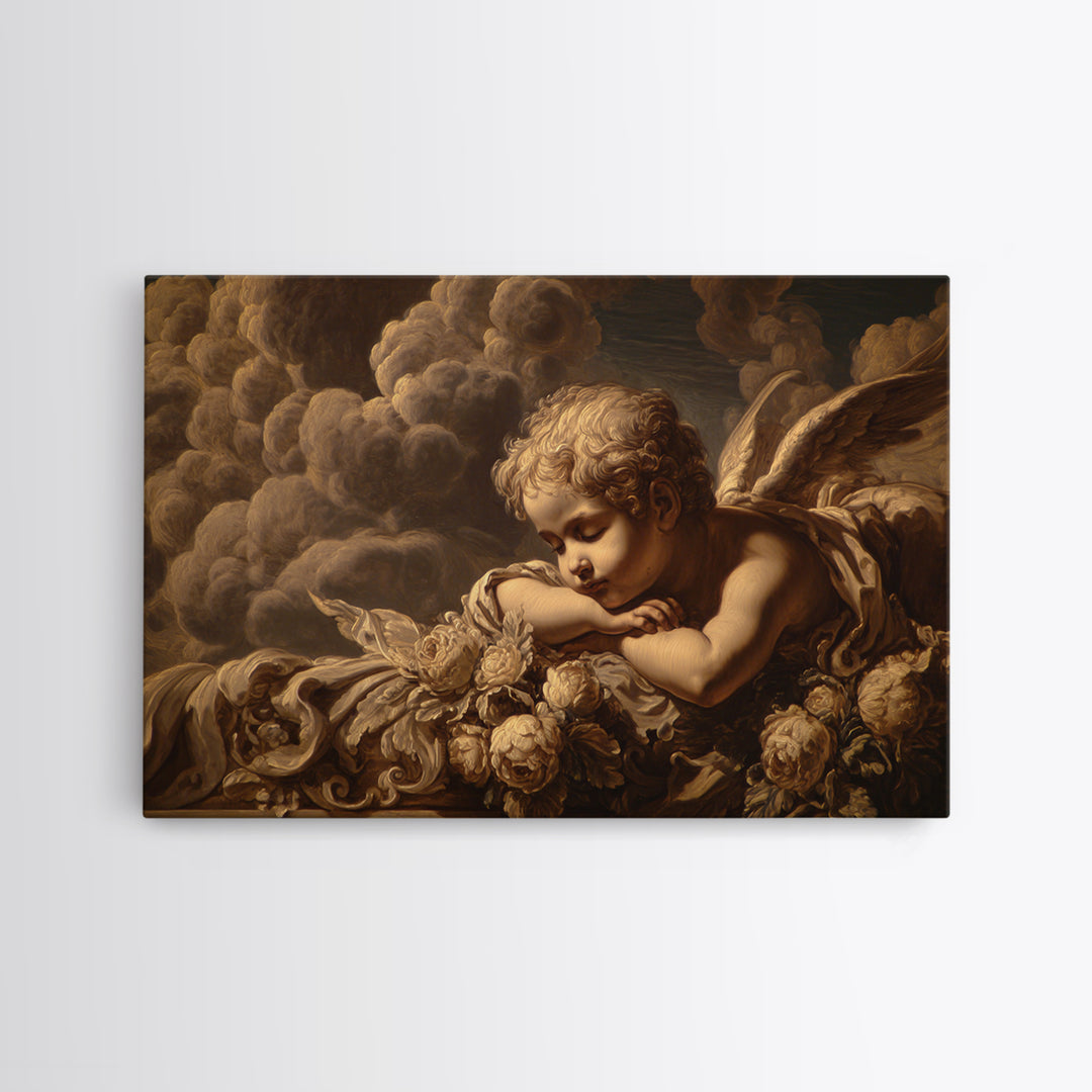 Cherub Holding a Ribbon Among Clouds Framed Canvas Print, Renaissanceinspired Art, Cat Art, Living Room Decor, Oil Painting, REN-3x2-82