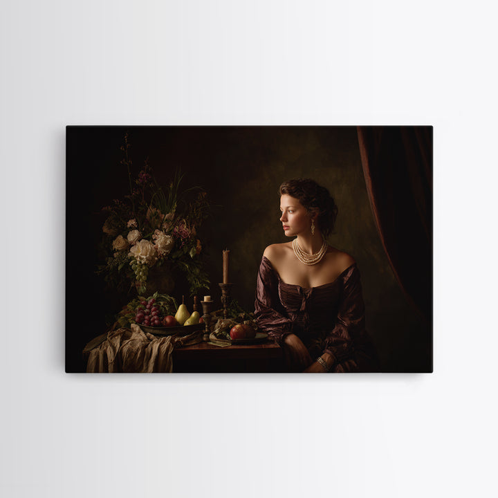 Portrait with Pearl Necklace and Velvet Dress Canvas Print, Renaissanceinspired Art, Living Room Art, Living Room Decor, REN-3x2-88
