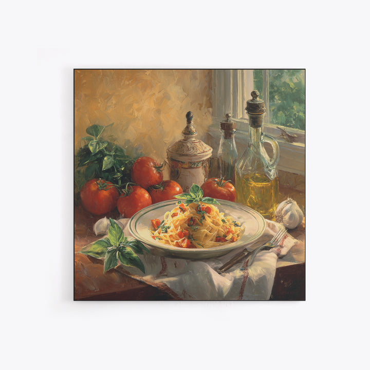 Fresh Pasta with Tomatoes and Basil Framed Canvas Print, Restaurant Art, Canvas Print, Restaurant Decor, Fine Art, Bistro, RES-1x1-2