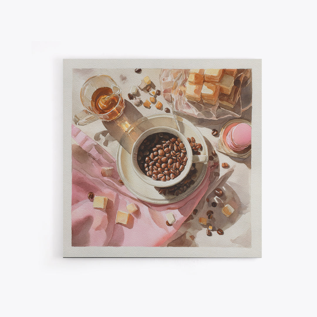 Coffee Beans and Pastry Arrangement Canvas Print, Restaurant Art, Watercolor Painting, Restaurant Decor, Oil Painting, Bistro, RES-1x1-22
