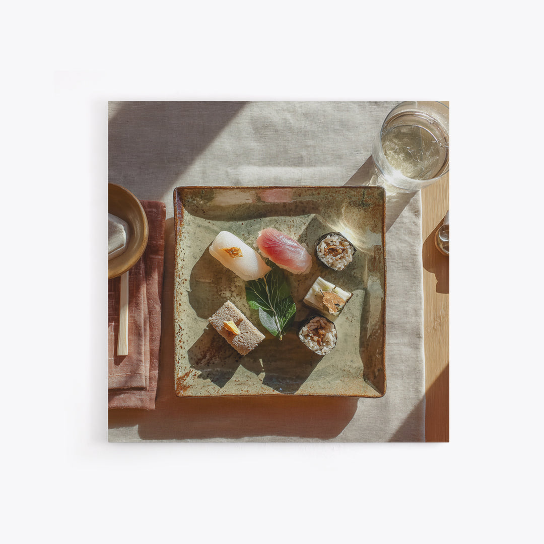 Sushi Fish and Ceramic Plate Composition Framed Canvas Print, Restaurant Art, Textured Painting, Restaurant Decor, Bistro, RES-1x1-29