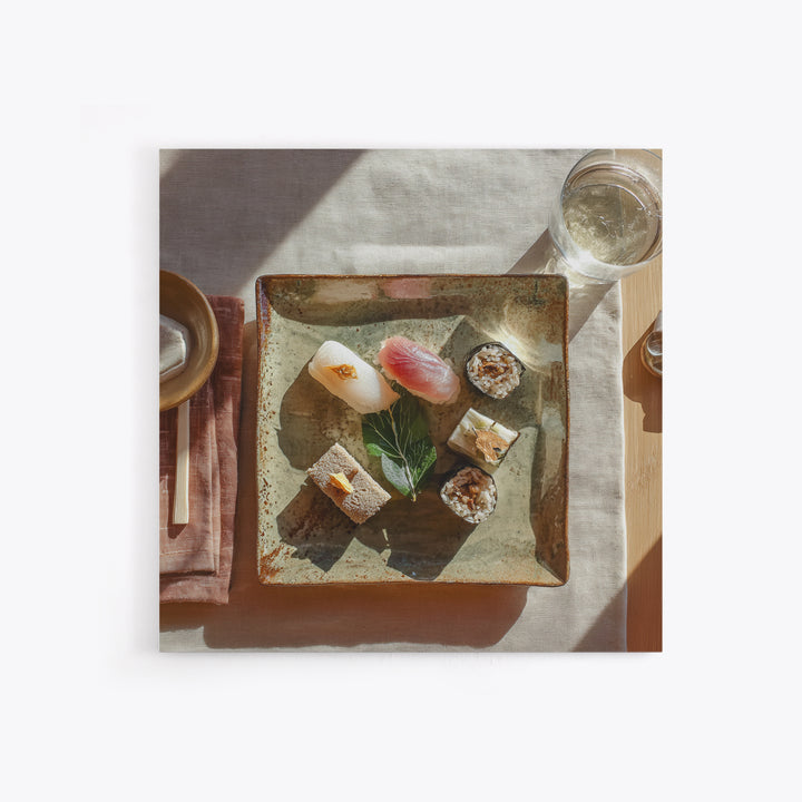 Sushi Fish and Ceramic Plate Composition Framed Canvas Print, Restaurant Art, Textured Painting, Restaurant Decor, Bistro, RES-1x1-29