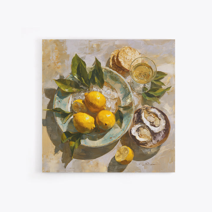 Oyster Platter with Lemons and Champagne Canvas Print, Restaurant Art, Kitchen Wall Art, Restaurant Decor, Abstract Art, Bistro, RES-1x1-3