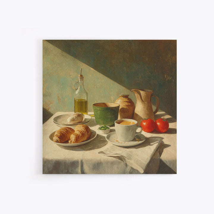 French Bistro Coffee and Croissant Still Life Canvas Print, Restaurant Art, Food Art, Restaurant Decor, Oil Painting, Bistro, RES-1x1-30
