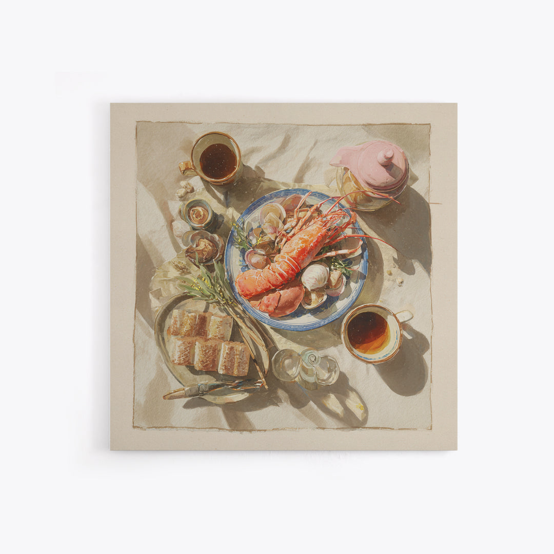 Seafood Lobster and Shell Arrangement Framed Canvas Print, Restaurant Art, Gallery Decor, Restaurant Decor, Fine Art, Bistro, RES-1x1-32