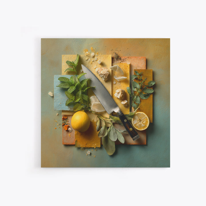 Chef Knife Herbs and Cutting Board Still Framed Canvas Print, Restaurant Art, Boho Decor, Restaurant Decor, Oil Painting, RES-1x1-37