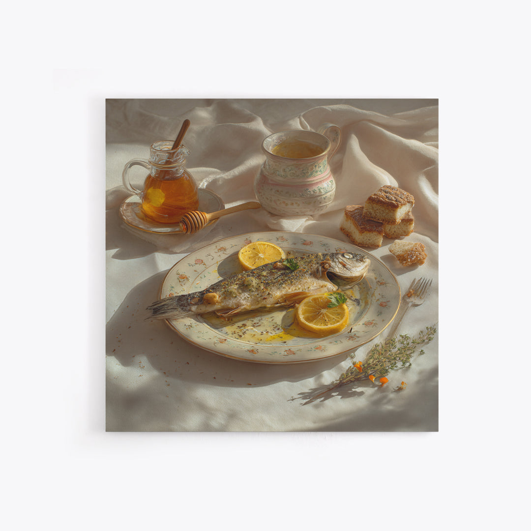 Fresh Fish with Lemon and Herbs Framed Canvas Print, Restaurant Art, Kitchen Art, Restaurant Decor, Fine Art, Bistro, RES-1x1-47