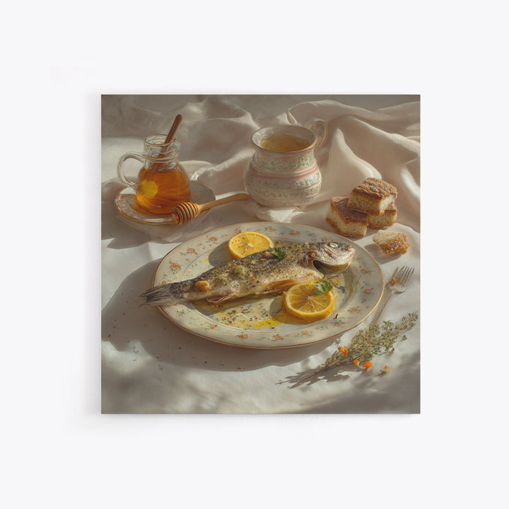 Fresh Fish with Lemon and Herbs Framed Canvas Print, Restaurant Art, Kitchen Art, Restaurant Decor, Fine Art, Bistro, RES-1x1-47