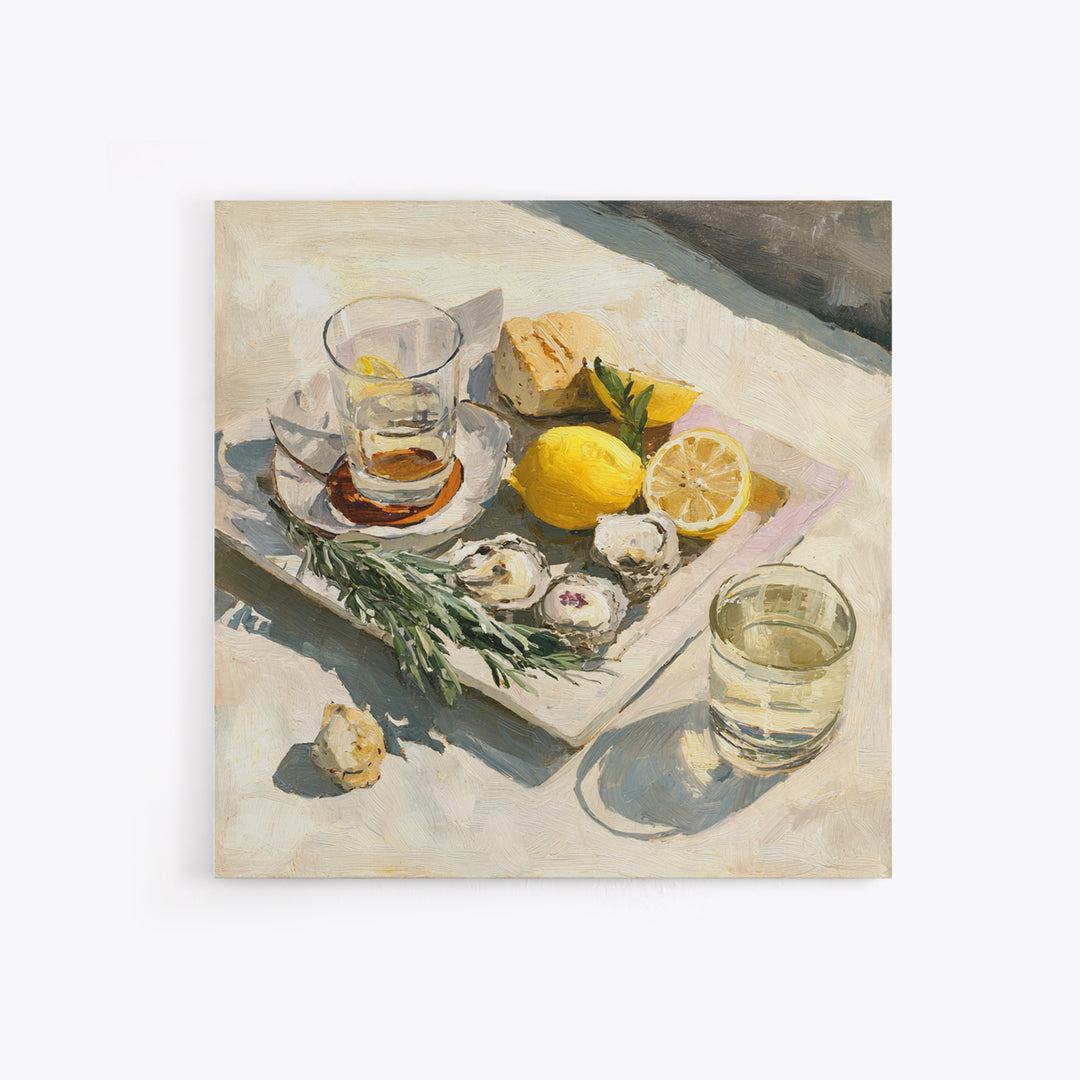 Oyster Platter with Lemons and Champagne Framed Canvas Print, Restaurant Art, Food Art, Restaurant Decor, Oil Painting, Bistro, RES-1x1-51