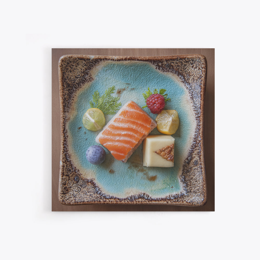 Sushi Fish and Ceramic Plate Composition Framed Canvas Print, Restaurant Art, Textured Painting, Restaurant Decor, Bistro, RES-1x1-53