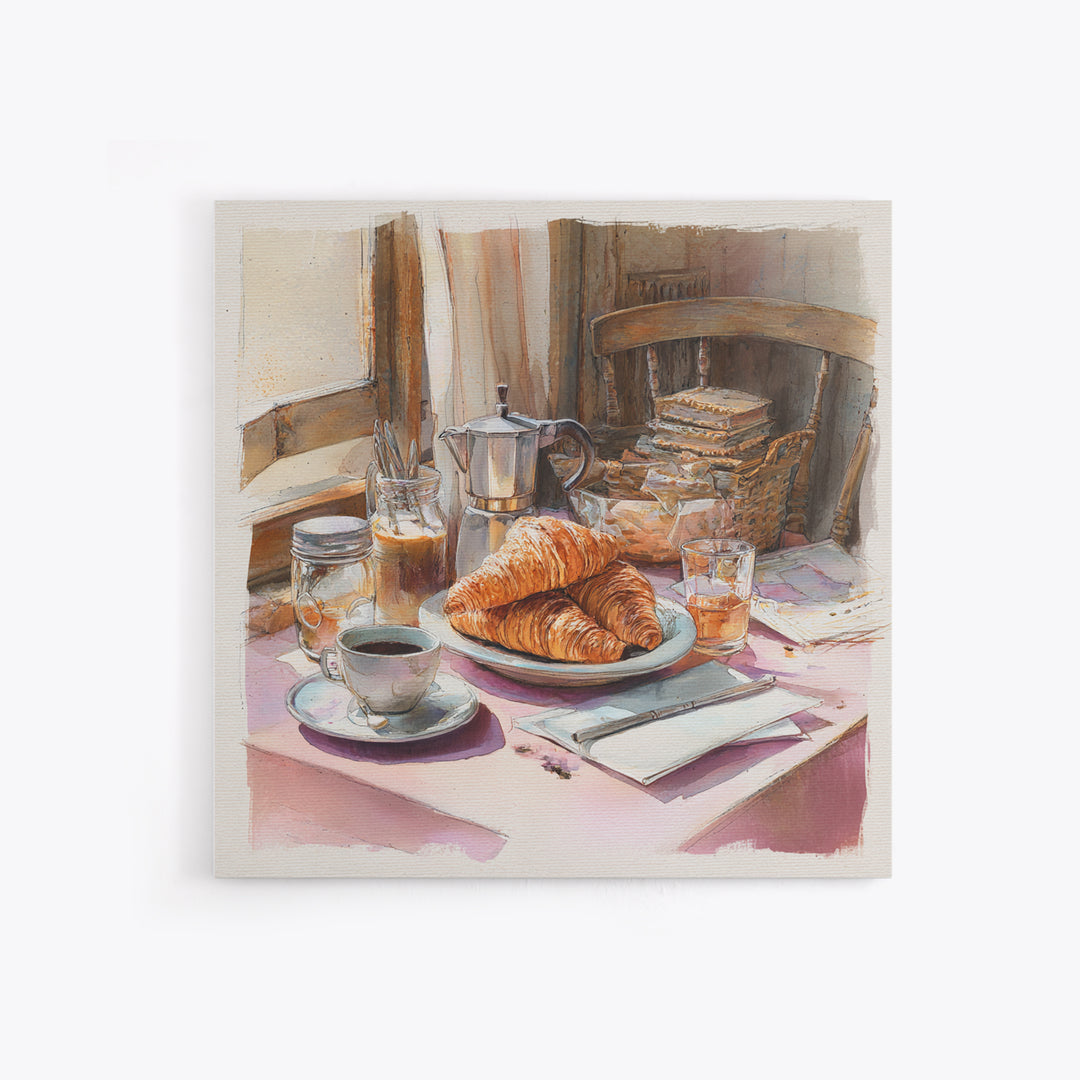 French Bistro Coffee and Croissant Still Life Canvas Print, Restaurant Art, Food Art, Restaurant Decor, Oil Painting, Bistro, RES-1x1-54