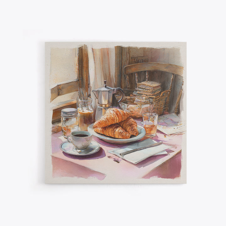 French Bistro Coffee and Croissant Still Life Canvas Print, Restaurant Art, Food Art, Restaurant Decor, Oil Painting, Bistro, RES-1x1-54