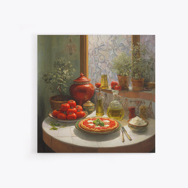 Pizzeria Tomato Basil and Mozzarella Still Life Framed Canvas Print, Restaurant Art, Bar Decor, Restaurant Decor, RES-1x1-58