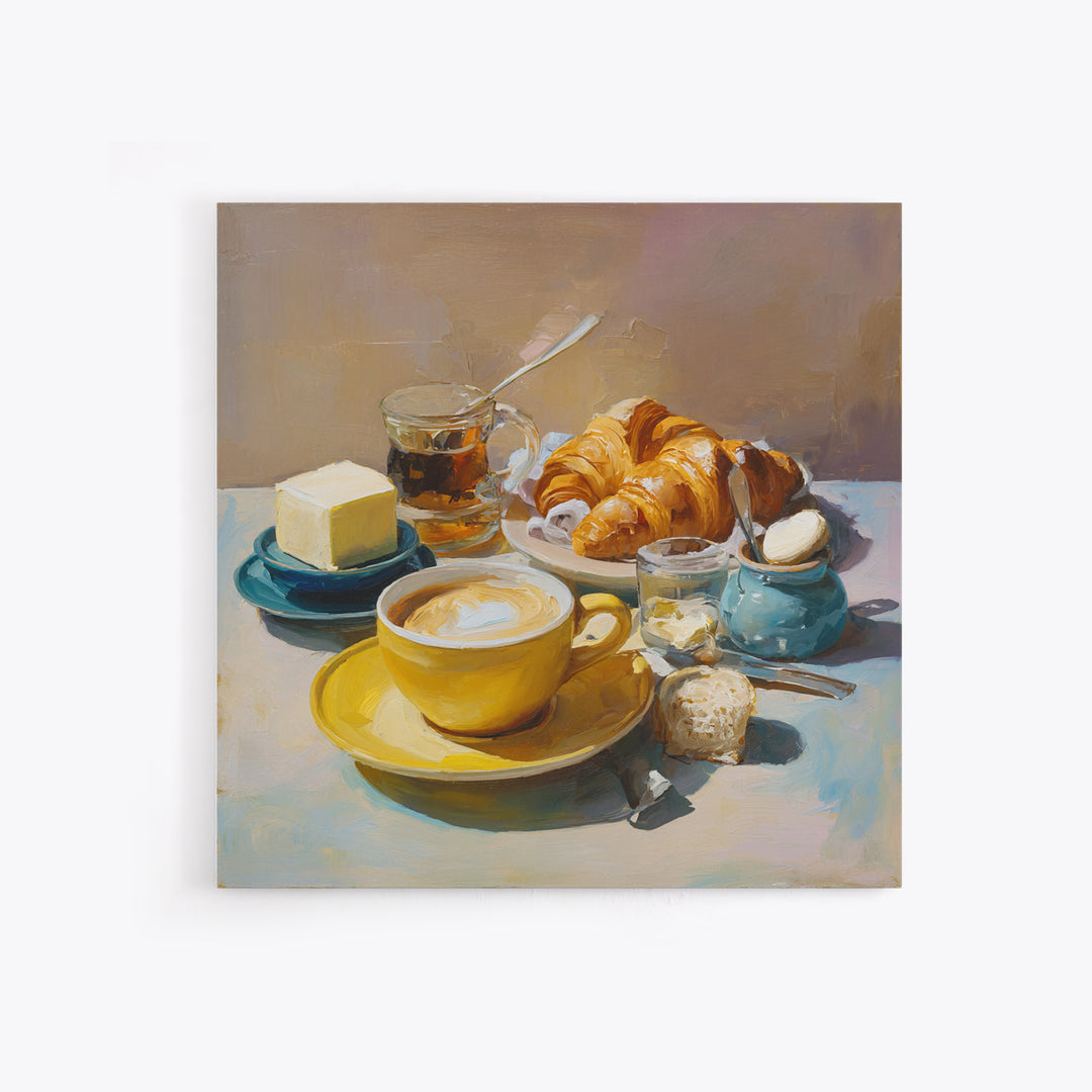 French Bistro Coffee and Croissant Still Life Canvas Print, Restaurant Art, Bedroom Wall Art, Restaurant Decor, Bistro, RES-1x1-6