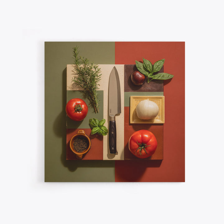 Chef Knife Herbs and Cutting Board Still Framed Canvas Print, Restaurant Art, Boho Decor, Restaurant Decor, Oil Painting, RES-1x1-61