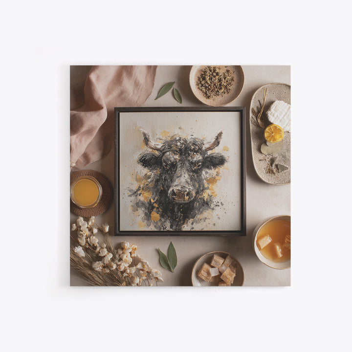 Steakhouse Black and Gold Bull Portrait Framed Canvas Print, Restaurant Art, Digital Print, Restaurant Decor, Fine Art, Bistro, RES-1x1-7