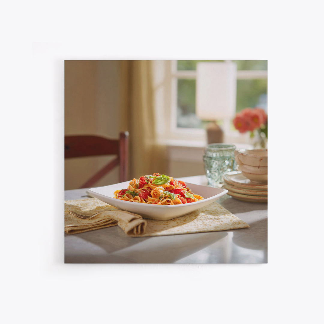 Fresh Pasta with Tomatoes and Basil Framed Canvas Print, Restaurant Art, Fine Art Print, Restaurant Decor, Fine Art, Bistro, RES-1x1-74