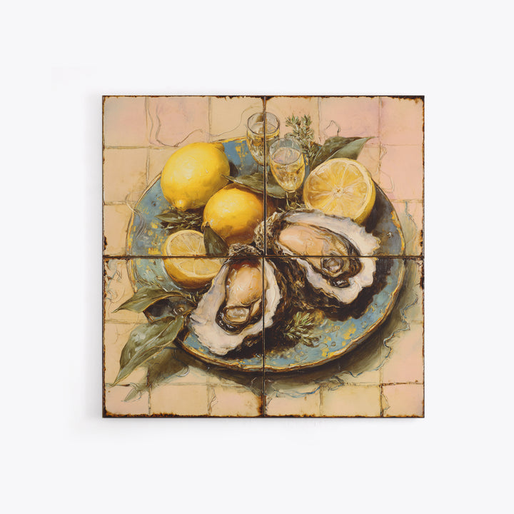 Oyster Platter with Lemons and Champagne Canvas Print, Restaurant Art, Statement Artwork, Restaurant Decor, Fine Art, Bistro, RES-1x1-75