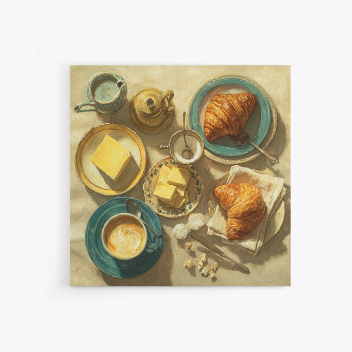 French Bistro Coffee and Croissant Still Life Framed Canvas Print, Restaurant Art, Statement Artwork, Restaurant Decor, Bistro, RES-1x1-78