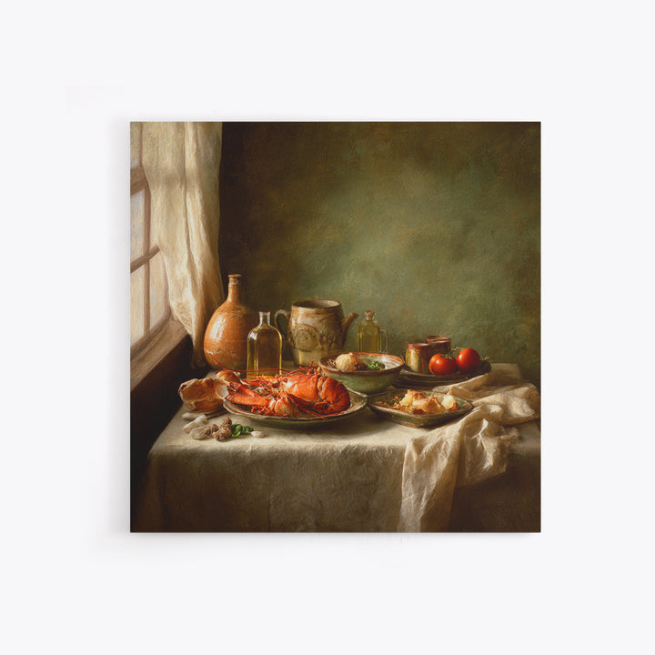 Seafood Lobster and Shell Arrangement Framed Canvas Print, Restaurant Art, Large Wall Art, Restaurant Decor, Fine Art, Bistro, RES-1x1-8