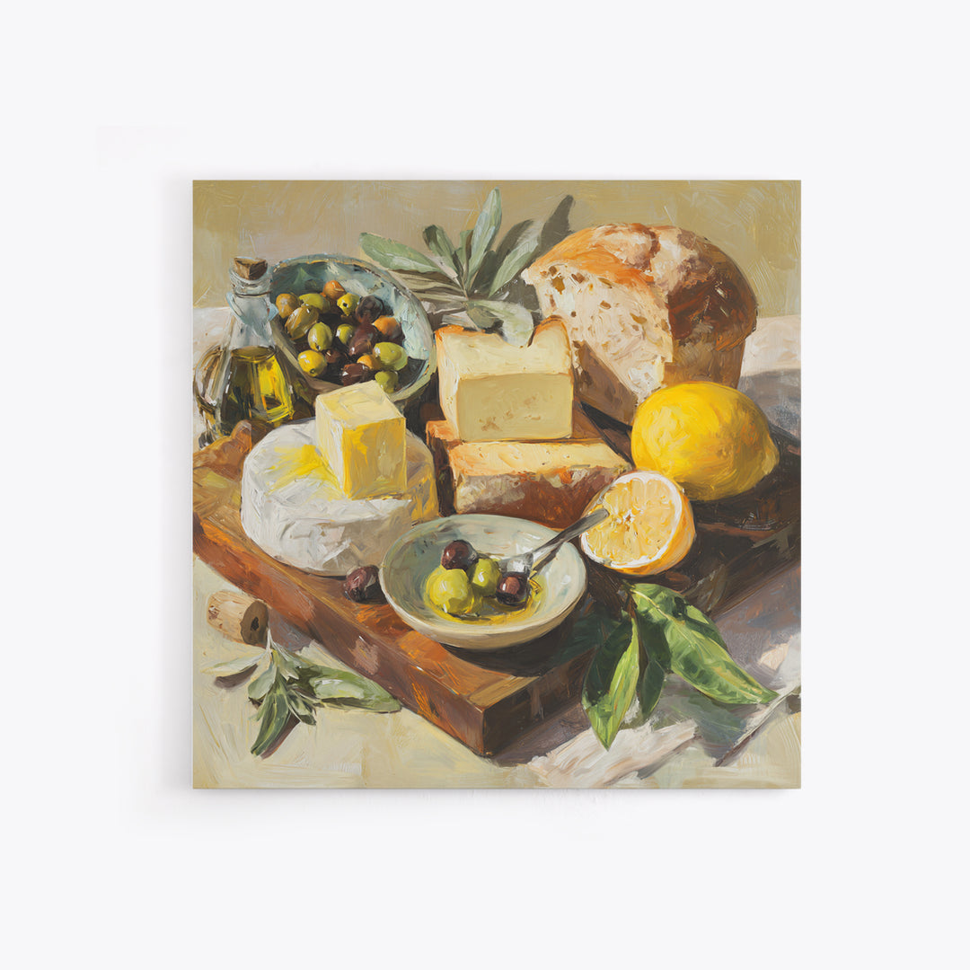 Mediterranean Olives Bread and Cheese Board Canvas Print, Restaurant Art, Wall Decor, Restaurant Decor, Fine Art, Bistro, RES-1x1-81