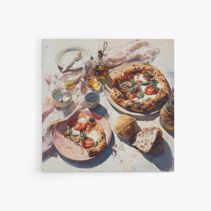 Pizzeria Tomato Basil and Mozzarella Still Life Canvas Print, Restaurant Art, Boho Decor, Restaurant Decor, Oil Painting, RES-1x1-82
