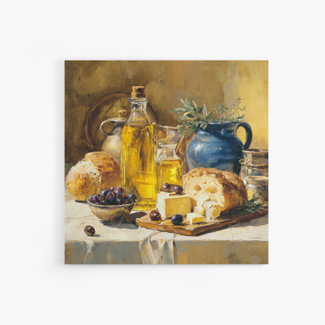Mediterranean Olives Bread and Cheese Board Canvas Print, Restaurant Art, Statement Artwork, Restaurant Decor, Fine Art, Bistro, RES-1x1-9