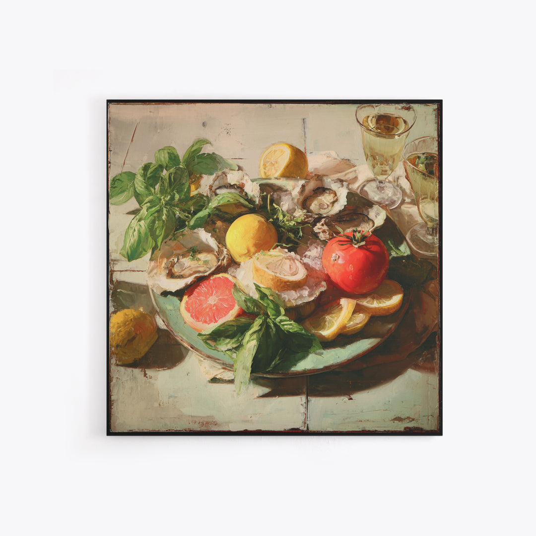 Oyster Platter with Lemons and Champagne Canvas Print, Restaurant Art, Wall Decor, Restaurant Decor, Fine Art, Bistro, RES-1x1-99