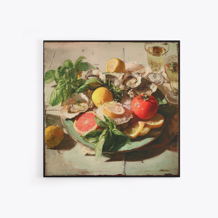 Oyster Platter with Lemons and Champagne Canvas Print, Restaurant Art, Wall Decor, Restaurant Decor, Fine Art, Bistro, RES-1x1-99