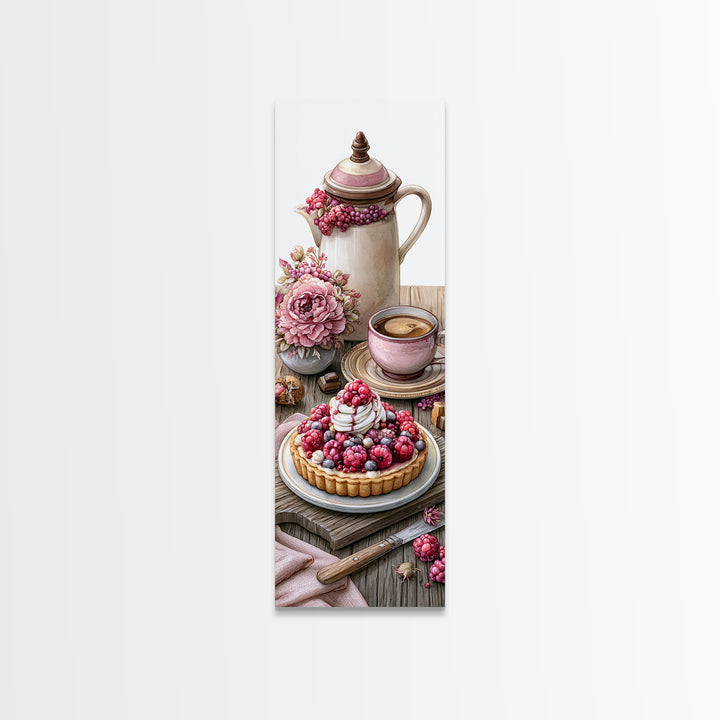 Dessert Tart with Berries and Cream Framed Canvas Print, Restaurant Art, Watercolor Painting, Restaurant Decor, Oil Painting, RES-1x3-76