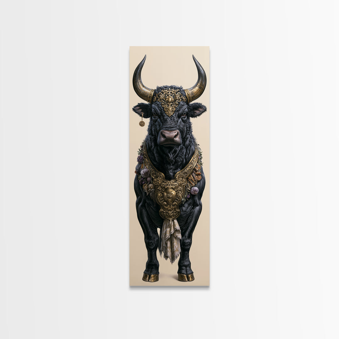 Steakhouse Black and Gold Bull Portrait Framed Canvas Print, Restaurant Art, Boho Decor, Restaurant Decor, Fine Art, Bistro, RES-1x3-91