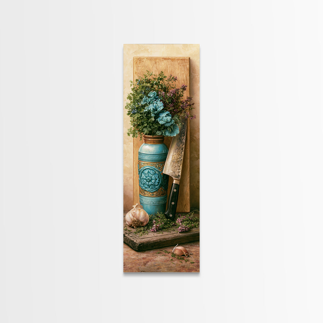 Chef Knife Herbs and Cutting Board Still Canvas Print, Restaurant Art, Boho Decor, Restaurant Decor, Oil Painting, Bistro, RES-1x3-97