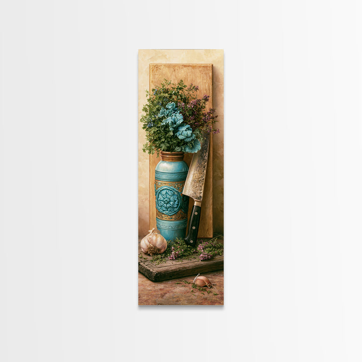 Chef Knife Herbs and Cutting Board Still Canvas Print, Restaurant Art, Boho Decor, Restaurant Decor, Oil Painting, Bistro, RES-1x3-97