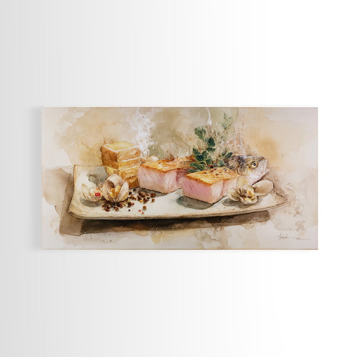 Sushi Fish and Ceramic Plate Composition Framed Canvas Print, Restaurant Art, Large Wall Art, Restaurant Decor, Bistro, RES-2x1-1