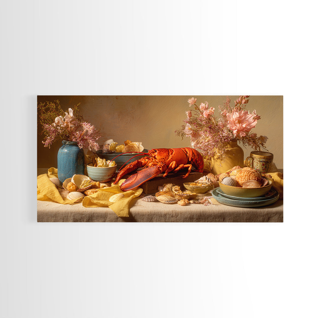 Seafood Lobster and Shell Arrangement Framed Canvas Print, Restaurant Art, Canvas Print, Restaurant Decor, Fine Art, Bistro, RES-2x1-100