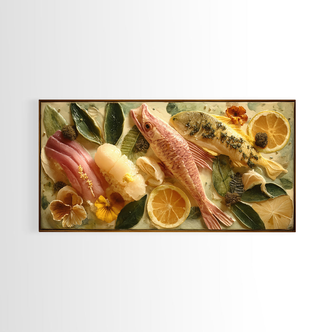 Sushi Fish and Ceramic Plate Composition Framed Canvas Print, Restaurant Art, Large Wall Art, Restaurant Decor, Bistro, RES-2x1-25