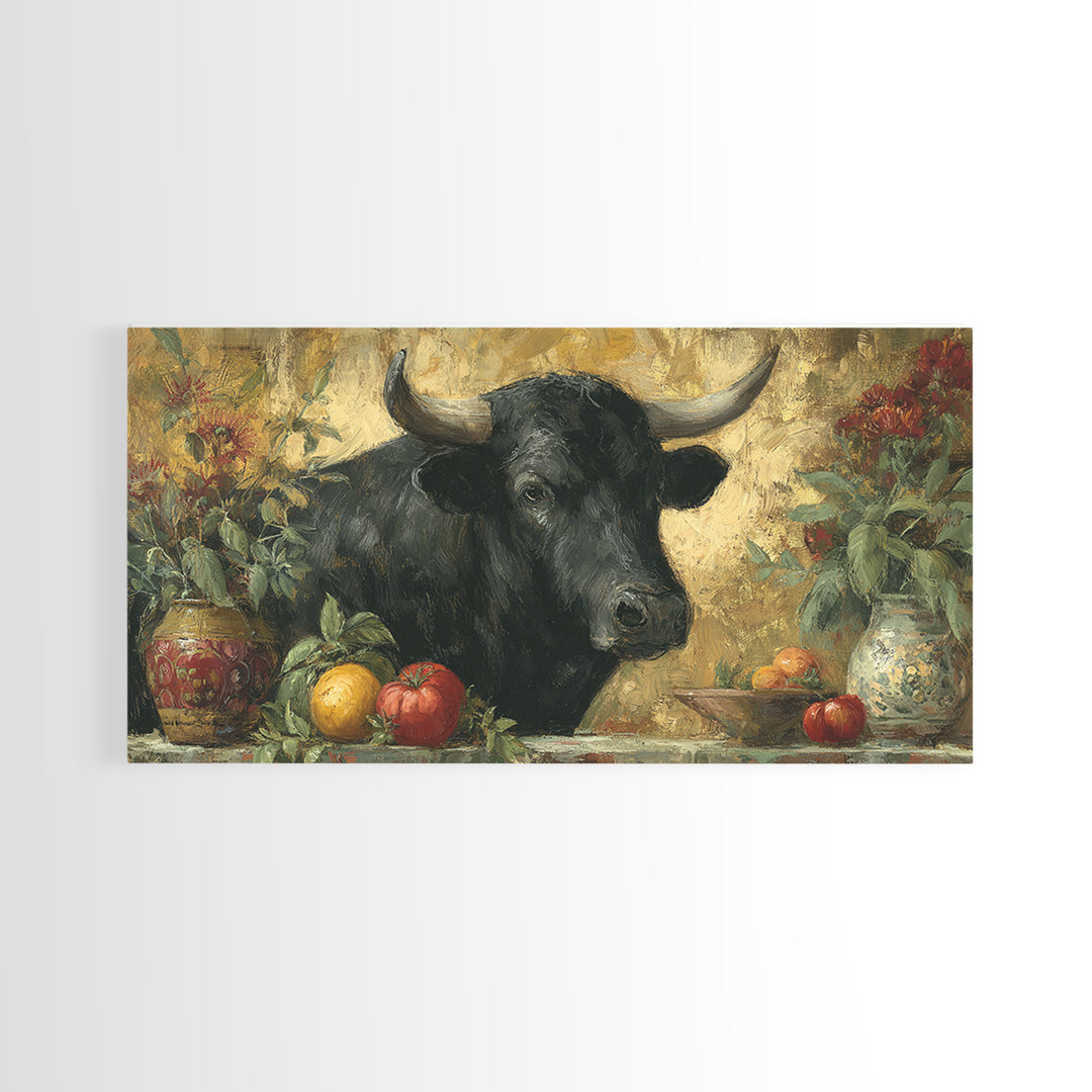 Steakhouse Black and Gold Bull Portrait Framed Canvas Print, Restaurant Art, Boho Decor, Restaurant Decor, Fine Art, Bistro, RES-2x1-27