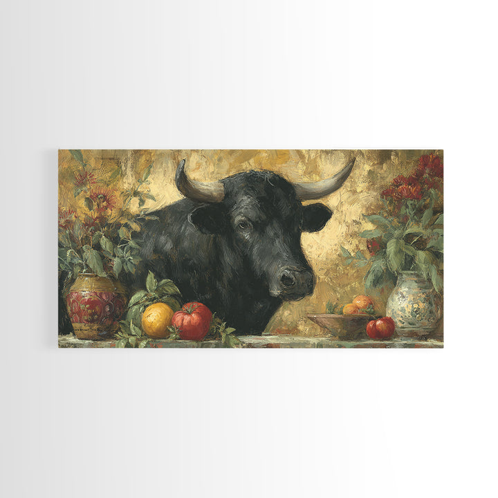 Steakhouse Black and Gold Bull Portrait Framed Canvas Print, Restaurant Art, Boho Decor, Restaurant Decor, Fine Art, Bistro, RES-2x1-27