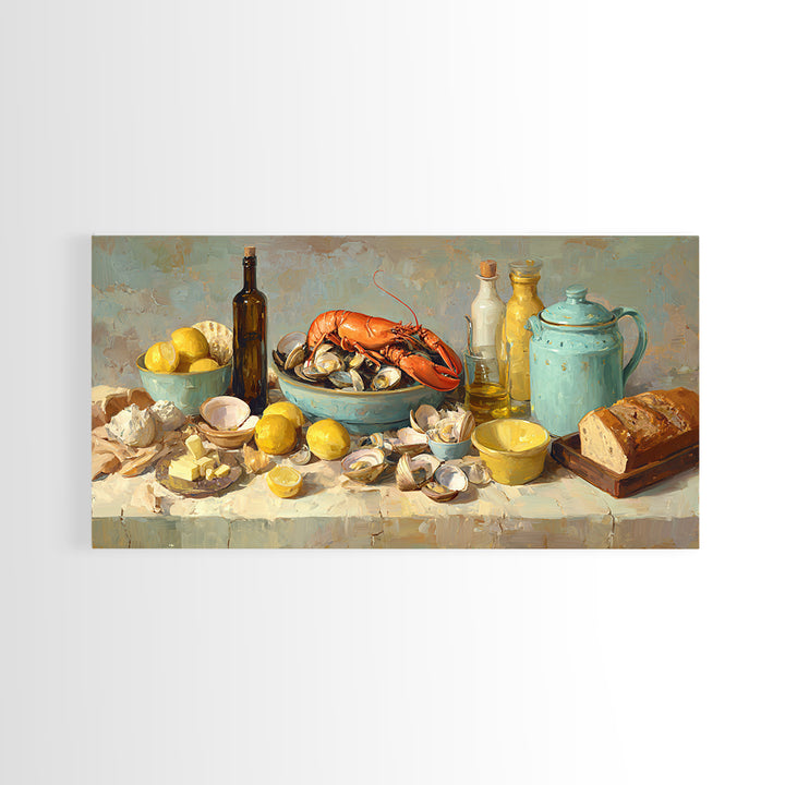 Seafood Lobster and Shell Arrangement Framed Canvas Print, Restaurant Art, Contemporary Art, Restaurant Decor, Fine Art, Bistro, RES-2x1-28