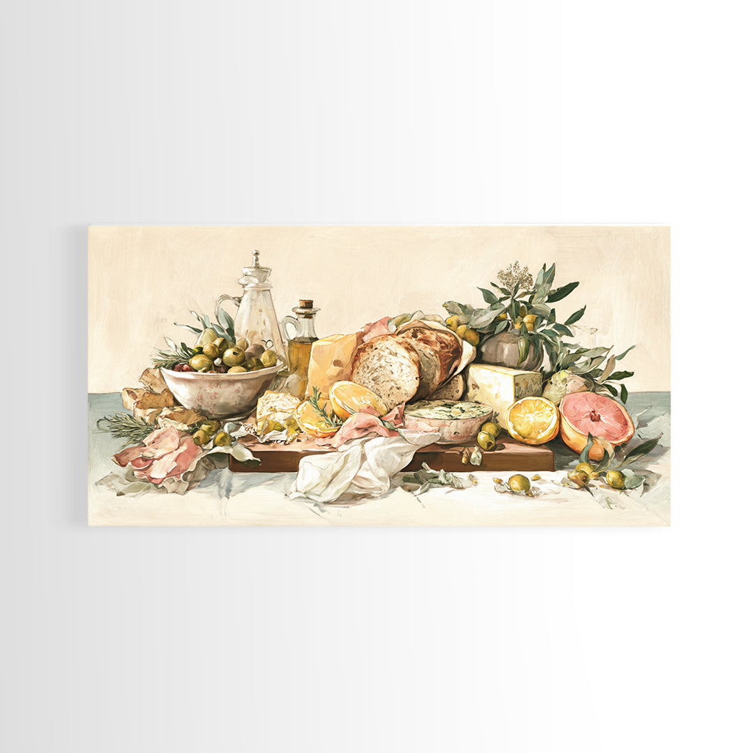 Mediterranean Olives Bread and Cheese Board Canvas Print, Restaurant Art, Framed Wall Art, Restaurant Decor, Bistro, Food Art, RES-2x1-29