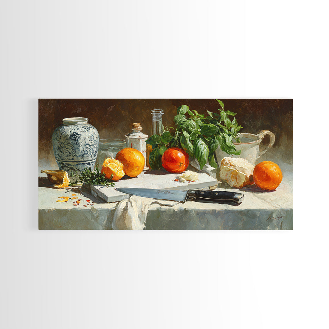 Chef Knife Herbs and Cutting Board Still Framed Canvas Print, Restaurant Art, Art Print, Restaurant Decor, Fine Art, Bistro, RES-2x1-33