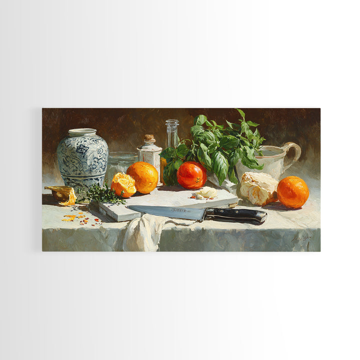 Chef Knife Herbs and Cutting Board Still Framed Canvas Print, Restaurant Art, Art Print, Restaurant Decor, Fine Art, Bistro, RES-2x1-33