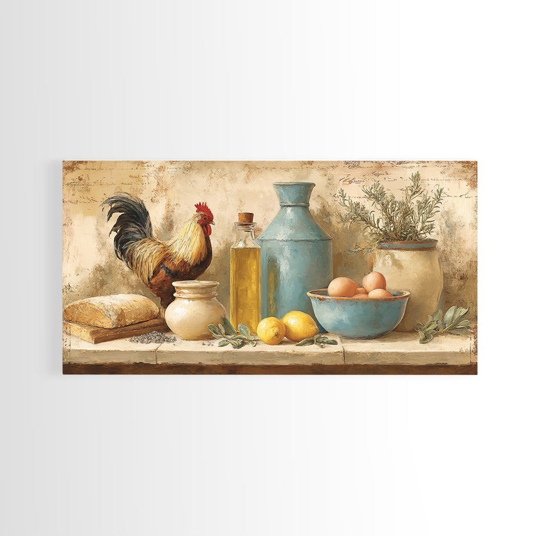 Rooster and Herbs for Farmhouse Restaurant Mood Framed Canvas Print, Restaurant Art, Poster, Restaurant Decor, Fine Art, Bistro, RES-2x1-40