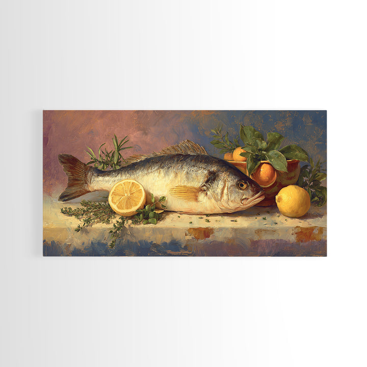 Fresh Fish with Lemon and Herbs Framed Canvas Print, Restaurant Art, Large Wall Art, Restaurant Decor, Fine Art, Bistro, RES-2x1-43