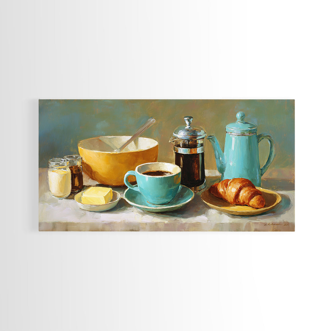French Bistro Coffee and Croissant Still Life Framed Canvas Print, Restaurant Art, Wall Decor, Restaurant Decor, Bistro, RES-2x1-50