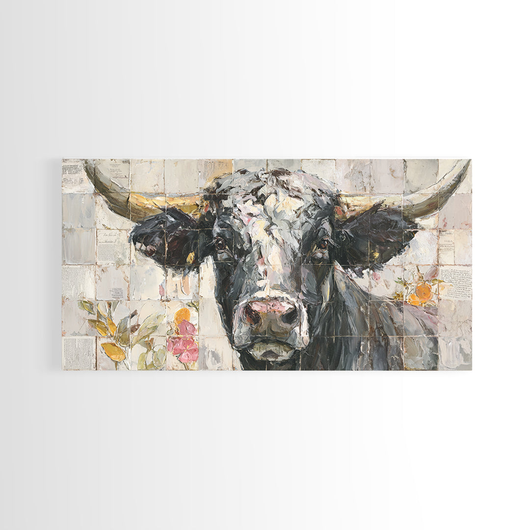 Steakhouse Black and Gold Bull Portrait Framed Canvas Print, Restaurant Art, Farmhouse Decor, Restaurant Decor, Bistro, RES-2x1-51