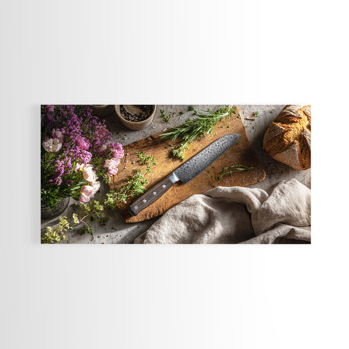 Chef Knife Herbs and Cutting Board Still Canvas Print, Restaurant Art, Canvas Wall Art, Restaurant Decor, Fine Art, Bistro, RES-2x1-57