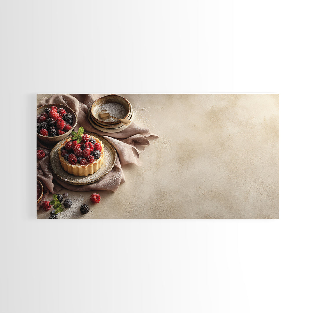 Dessert Tart with Berries and Cream Framed Canvas Print, Restaurant Art, Restaurant Decor, Oil Painting, Bistro, RES-2x1-60
